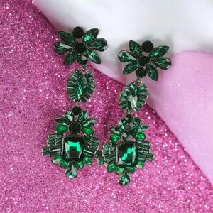 Emerald Rhinestone Crystal Wedding Floral Vintage Style Chandelier Earrings